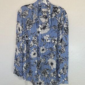 Jones Studio women’s plus size 3X Blue multi Striped Floral Button-Down blouse